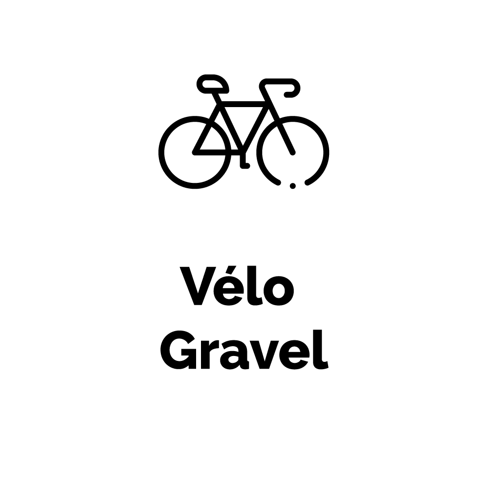 Icône de vélo noir au-dessus du texte « Vélo Gravel » sur fond blanc