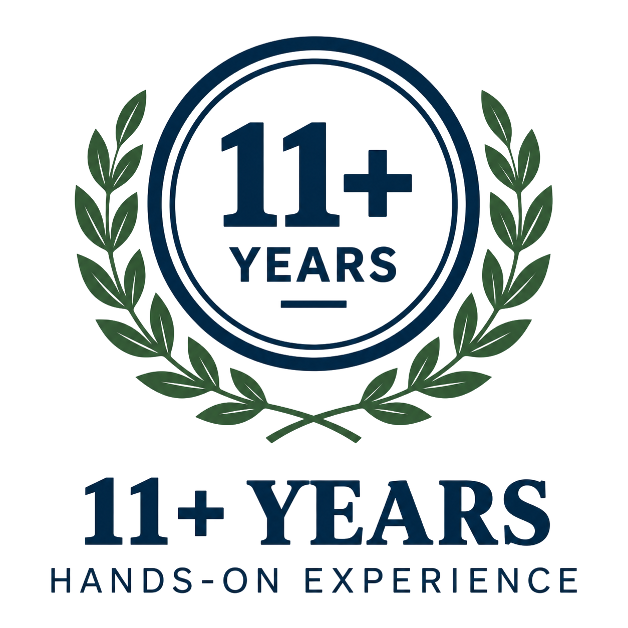 11+ years hands-on experience badge with blue text and green laurel wreath