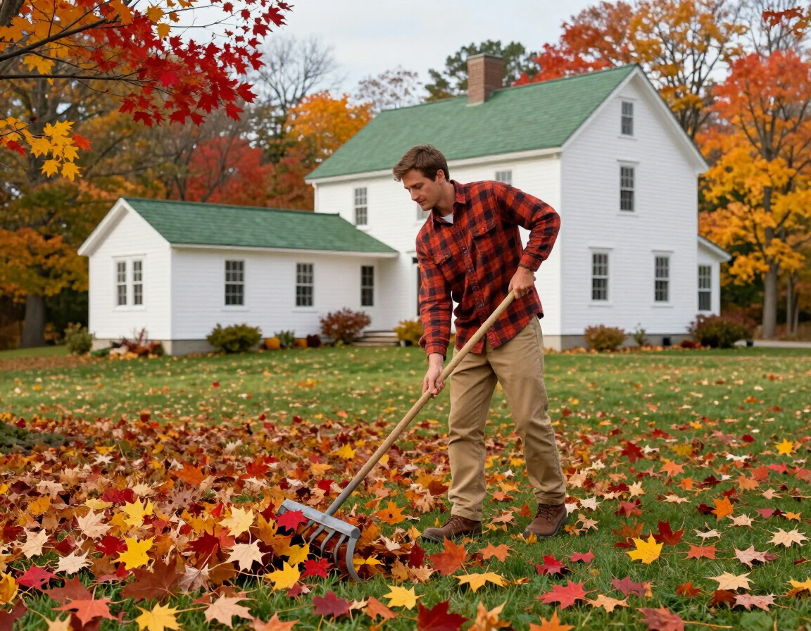 Raking leaves on a Vermont property
