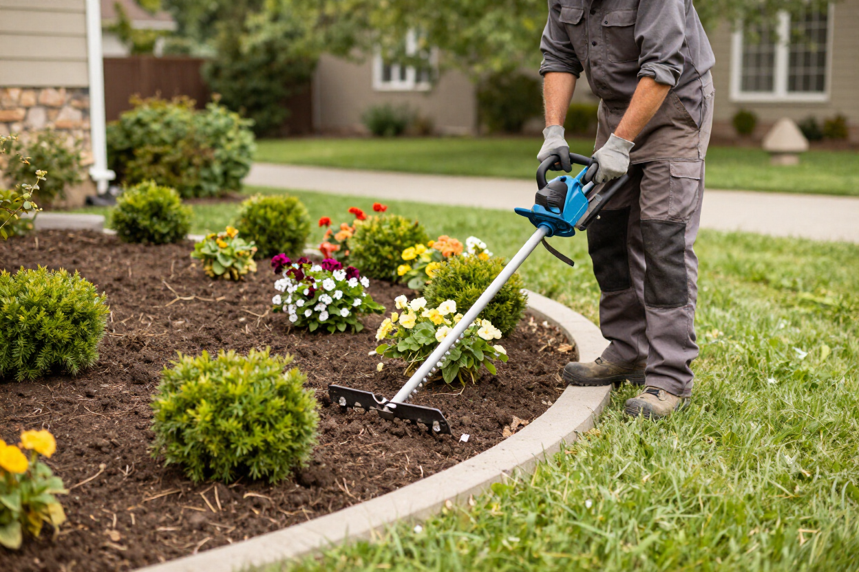 Landscaper tending a garden bed