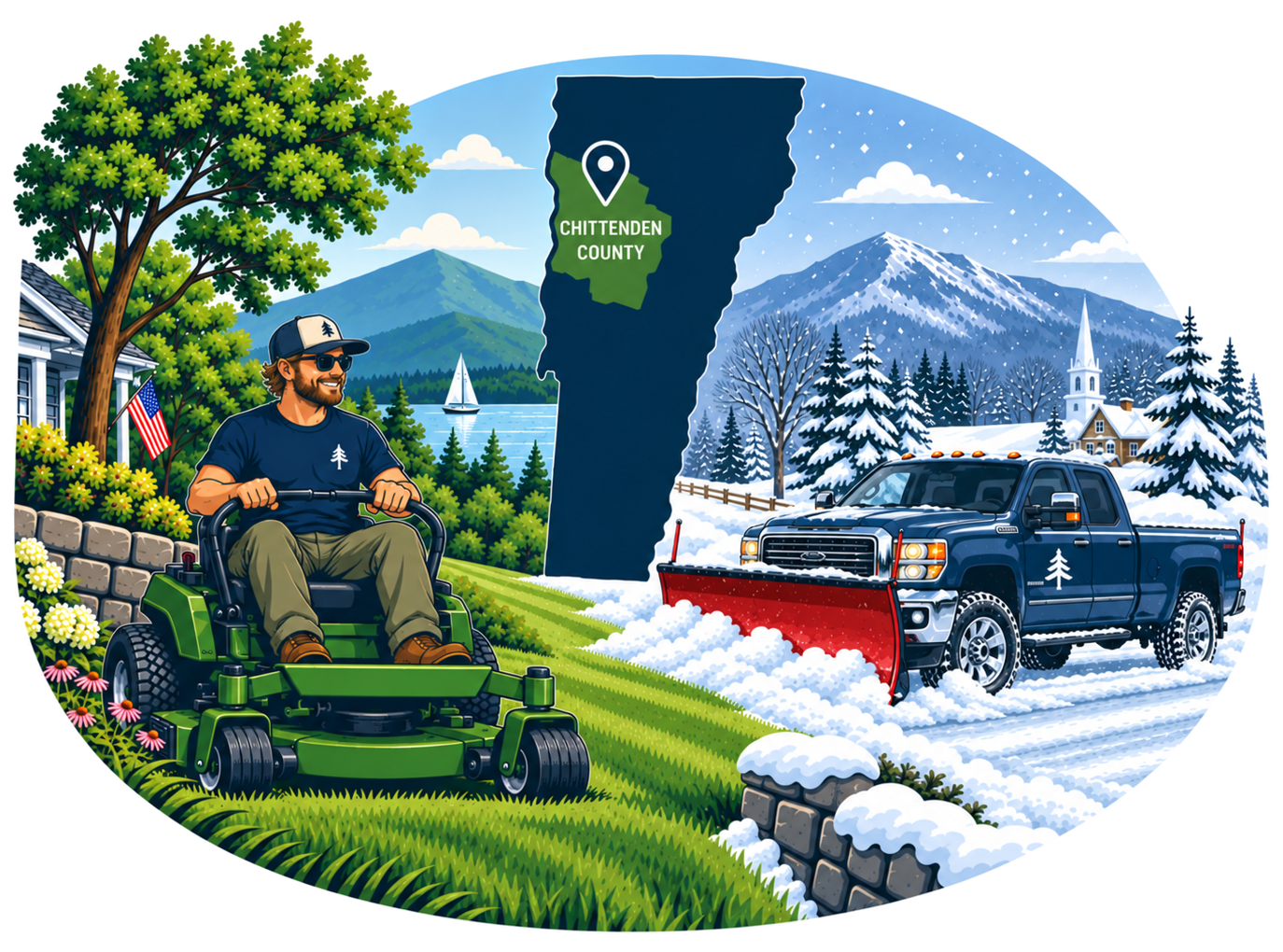 Man mowing a green lawn beside a snowy winter road with a pickup truck and mountains in the background