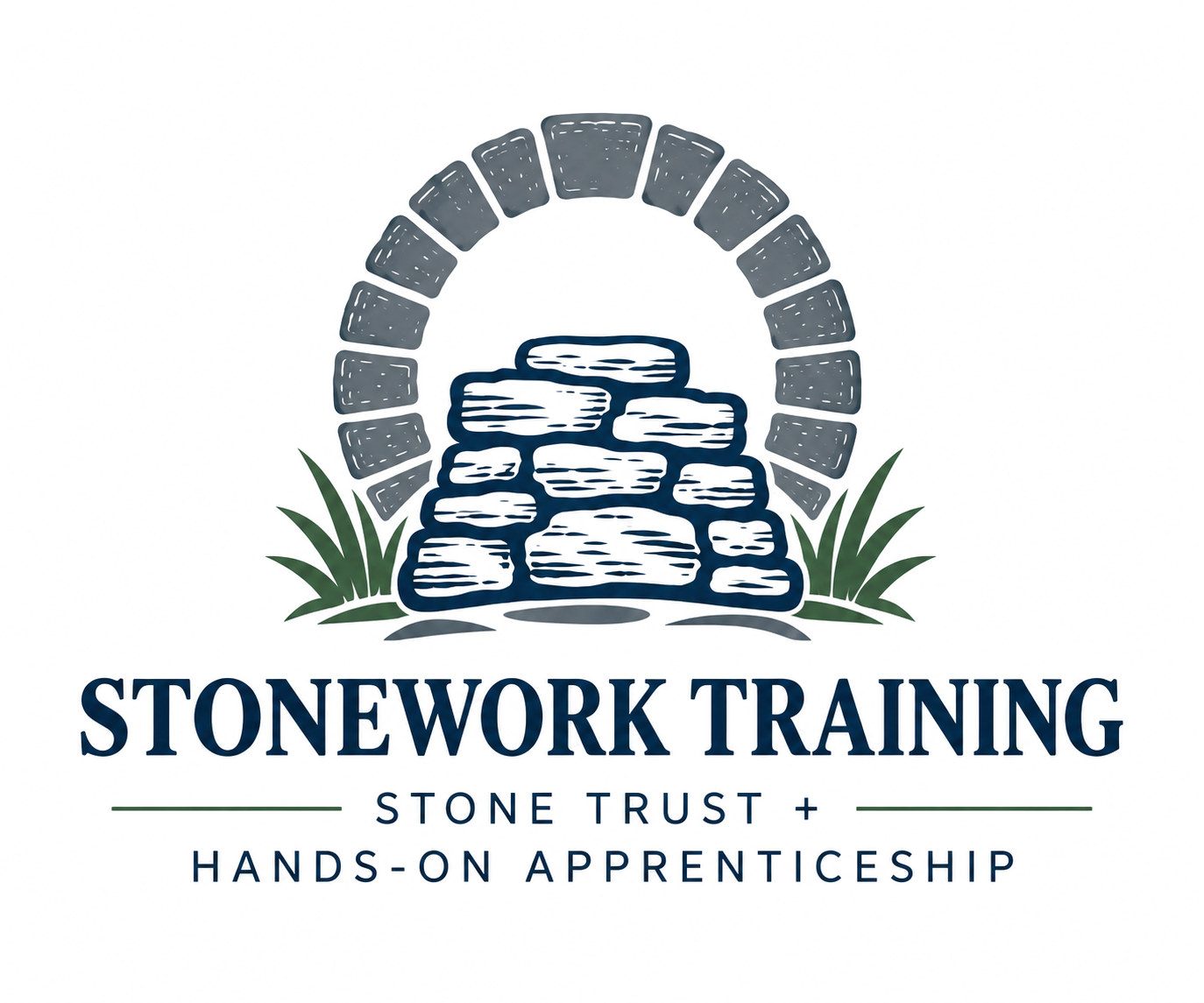 Stonework Training logo with stacked stones, arch, and slogan “Stone Trust + Hands-On Apprenticeship”