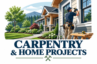 Carpenter on a house exterior with tools and ladder; text reads “CARPENTRY & HOME PROJECTS”