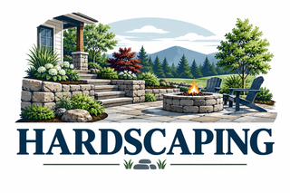 Landscaped patio logo with stone walls, fire pit, greenery, and the word “HARDSCAPING”