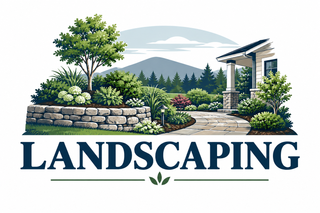 Landscaping logo with trees, stone wall, mountains, and a modern house over bold “LANDSCAPING” text