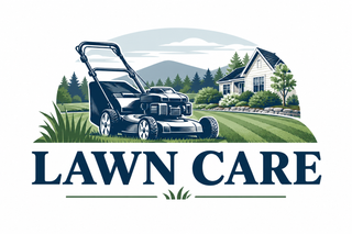 Lawn care logo with a mower, grass, trees, and a house in blue and green colors