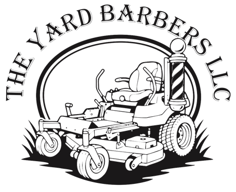 Logo for The Yard Barbers LLC featuring a riding lawn mower and barbershop pole