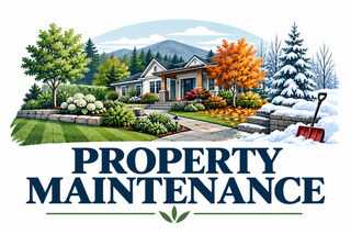Property maintenance sign with a house, trees, garden, and snow shovel