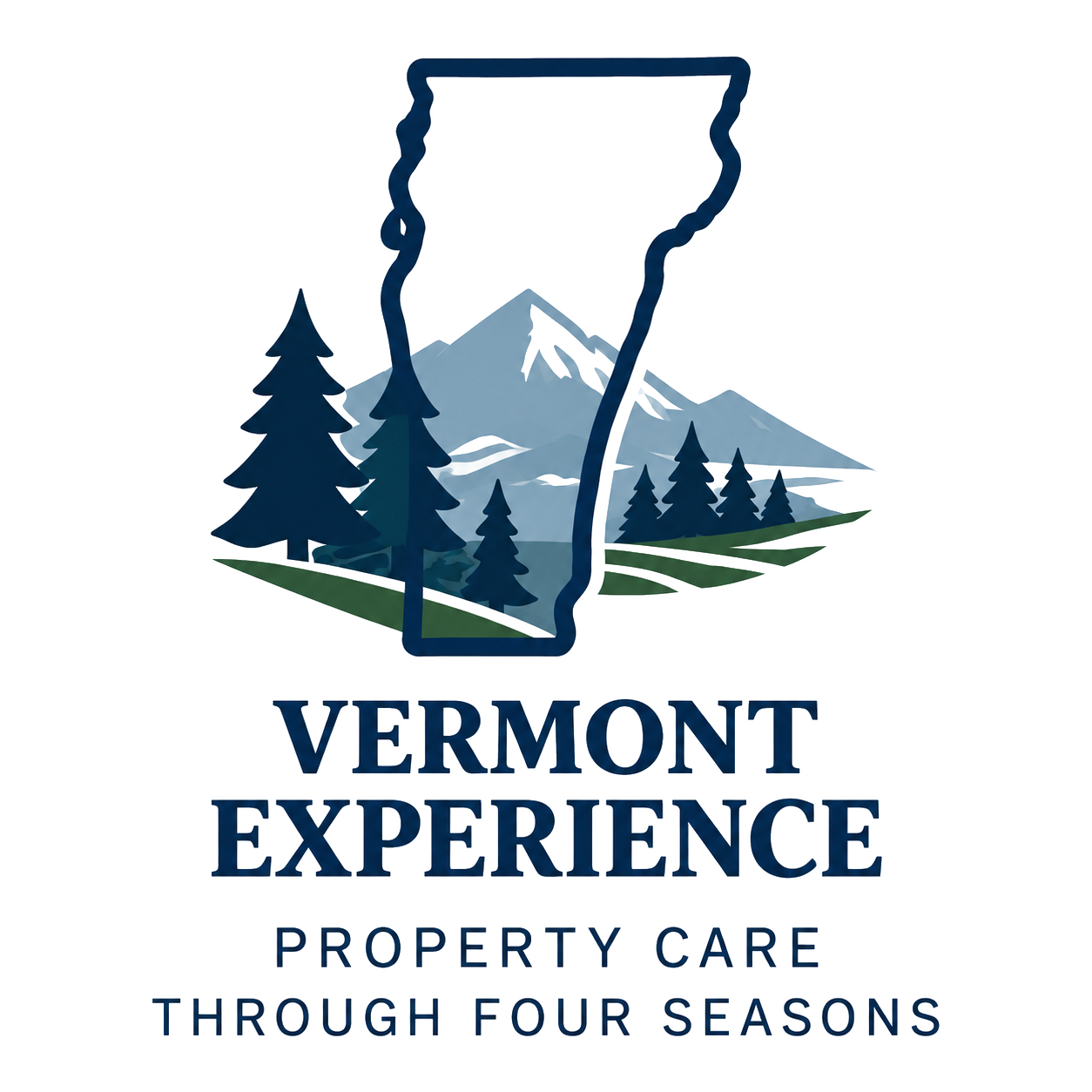 Vermont Experience Property Care logo with Vermont outline, mountain, pine trees, and seasonal text