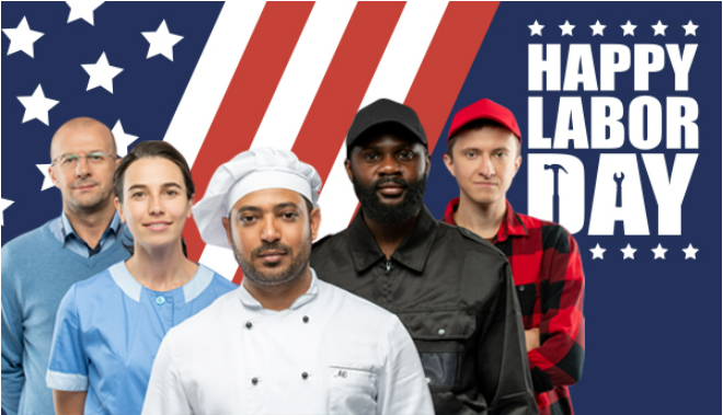 Happy Labor Day graphic with diverse workers in front of an American flag.