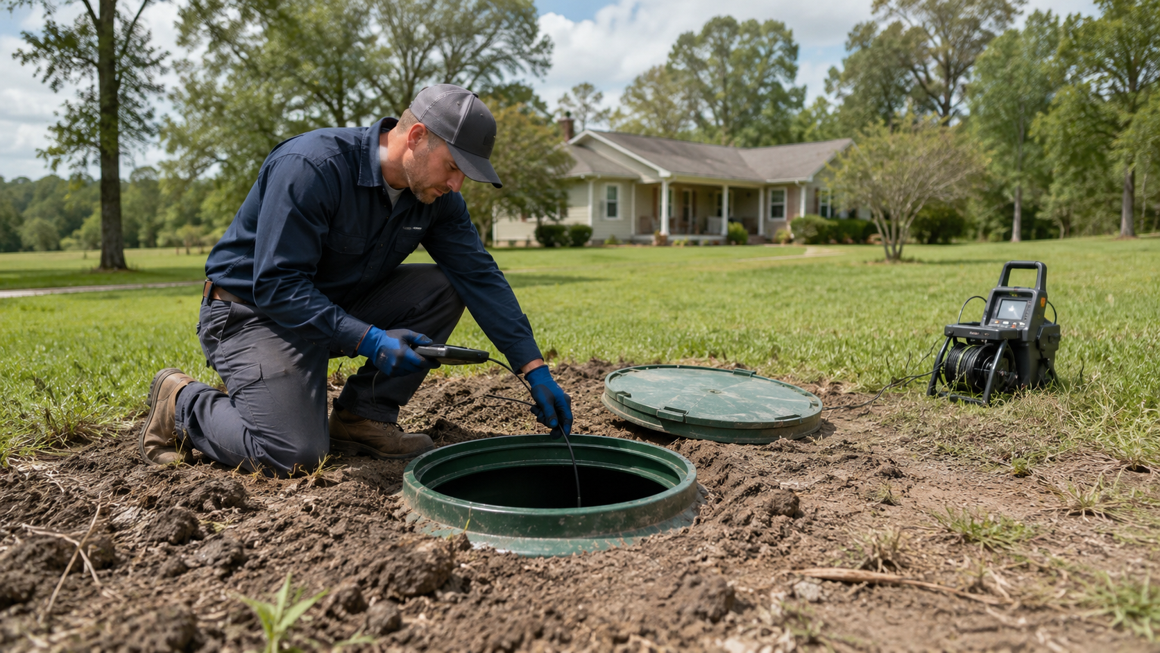 Septic technician inspecting a residential drain field system