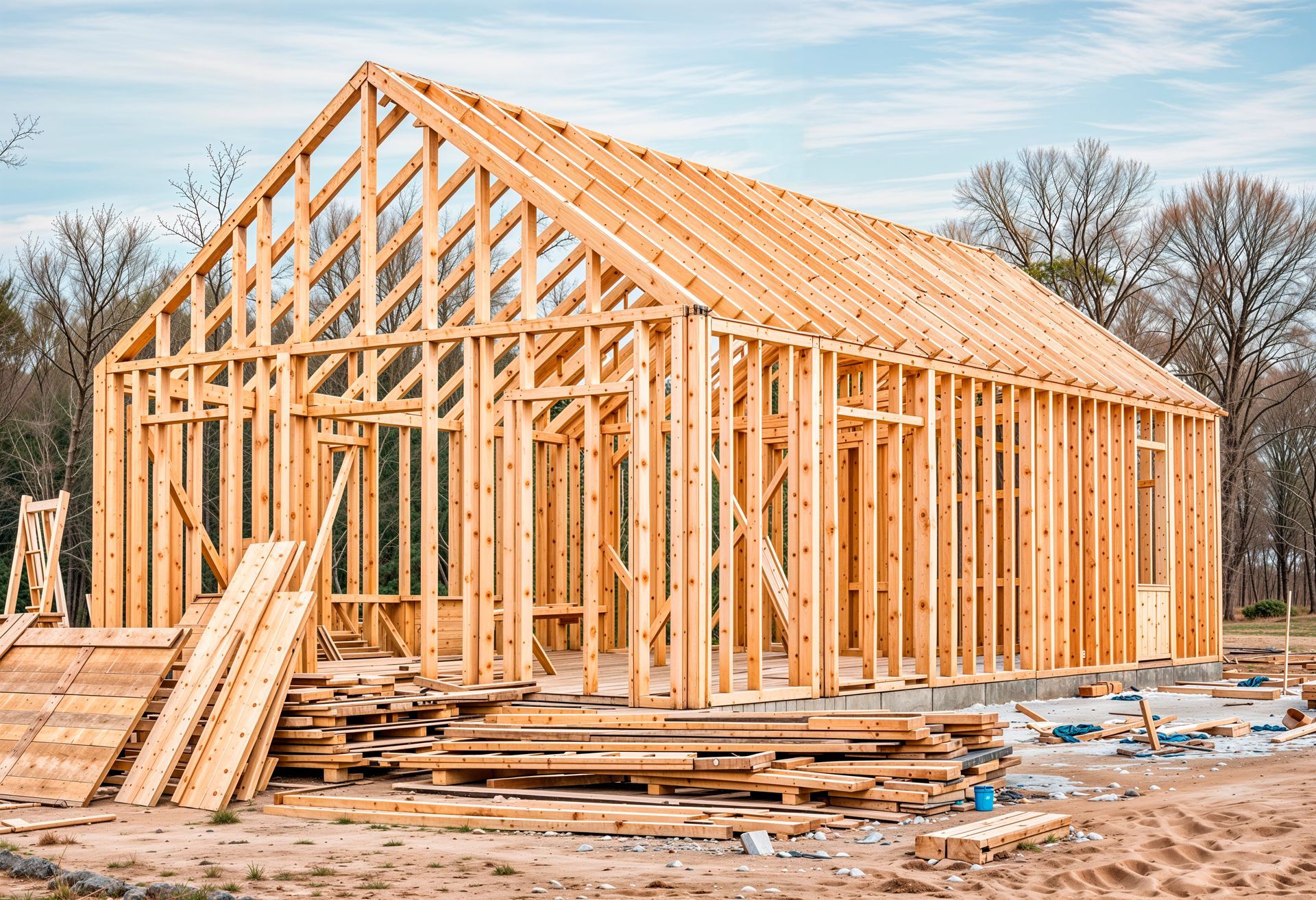 Wooden house frame under construction with roof trusses and scattered lumber on site