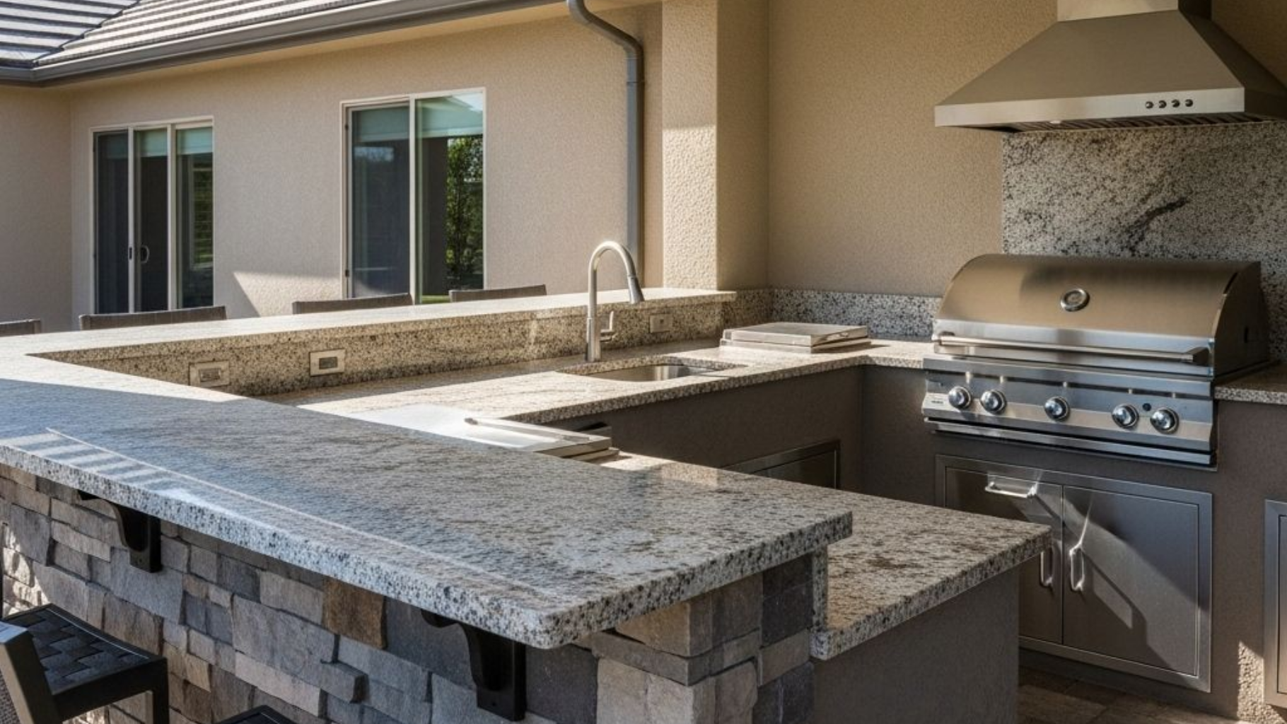 Outdoor kitchen with a granite-topped bar, stacked stone base, sink, and stainless steel grill under a vent hood.