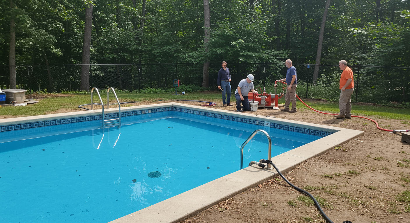 Four people work near an outdoor swimming pool, operating equipment on the dirt ground.