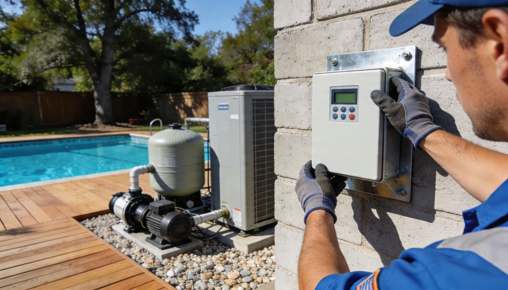 A technician in blue workwear installs a grey control box onto a cinder block wall next to pool equipment.
