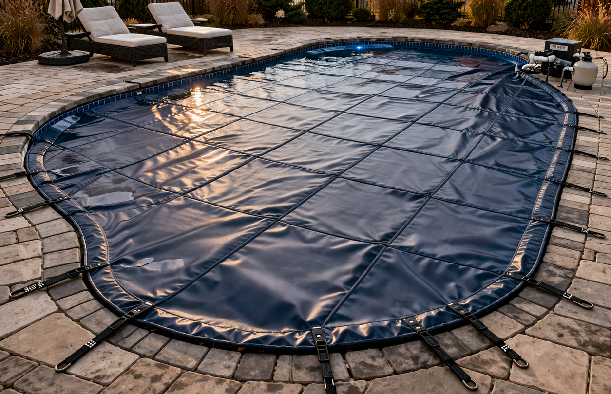 A blue, rectangular, strap-secured pool cover installed over an inground pool on a stone patio.