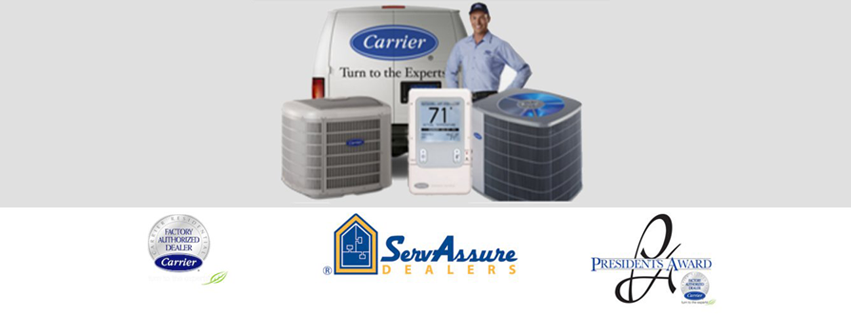 A Carrier HVAC ad with a technician, units, and thermostat. Logos: ServAssure and President's Award.