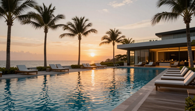 Resort di lusso con piscina, vista tramonto e relax totale.