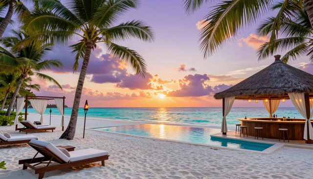 Destinazione lussuosa in spiaggia: tramonto tropicale e paradiso.