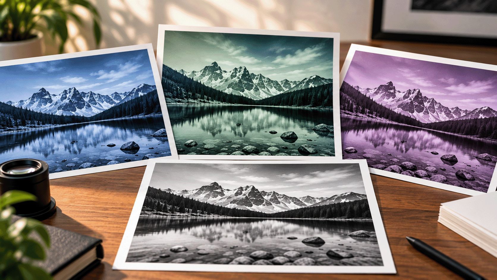 Mountain lake prints with blue, green and purple tints behind a neutral black and white print