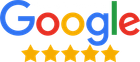 The Google logo in its standard blue, red, yellow, and green colors, positioned above five solid yellow star icons.