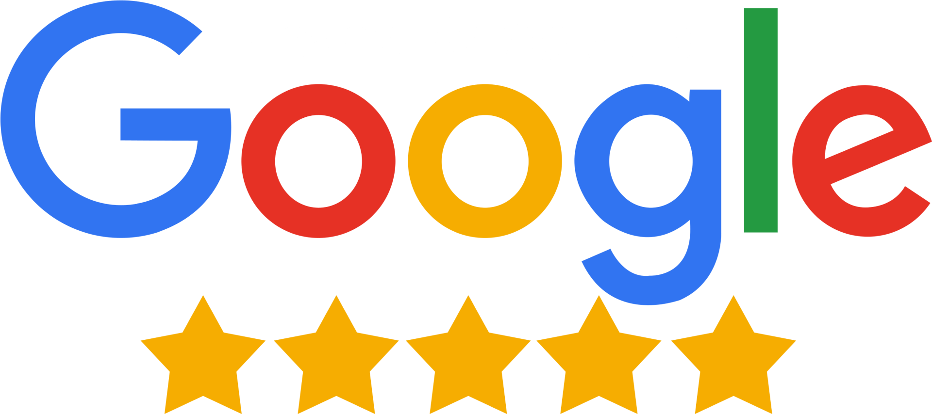 The Google logo in its standard blue, red, yellow, and green colors, positioned above five solid yellow star icons.
