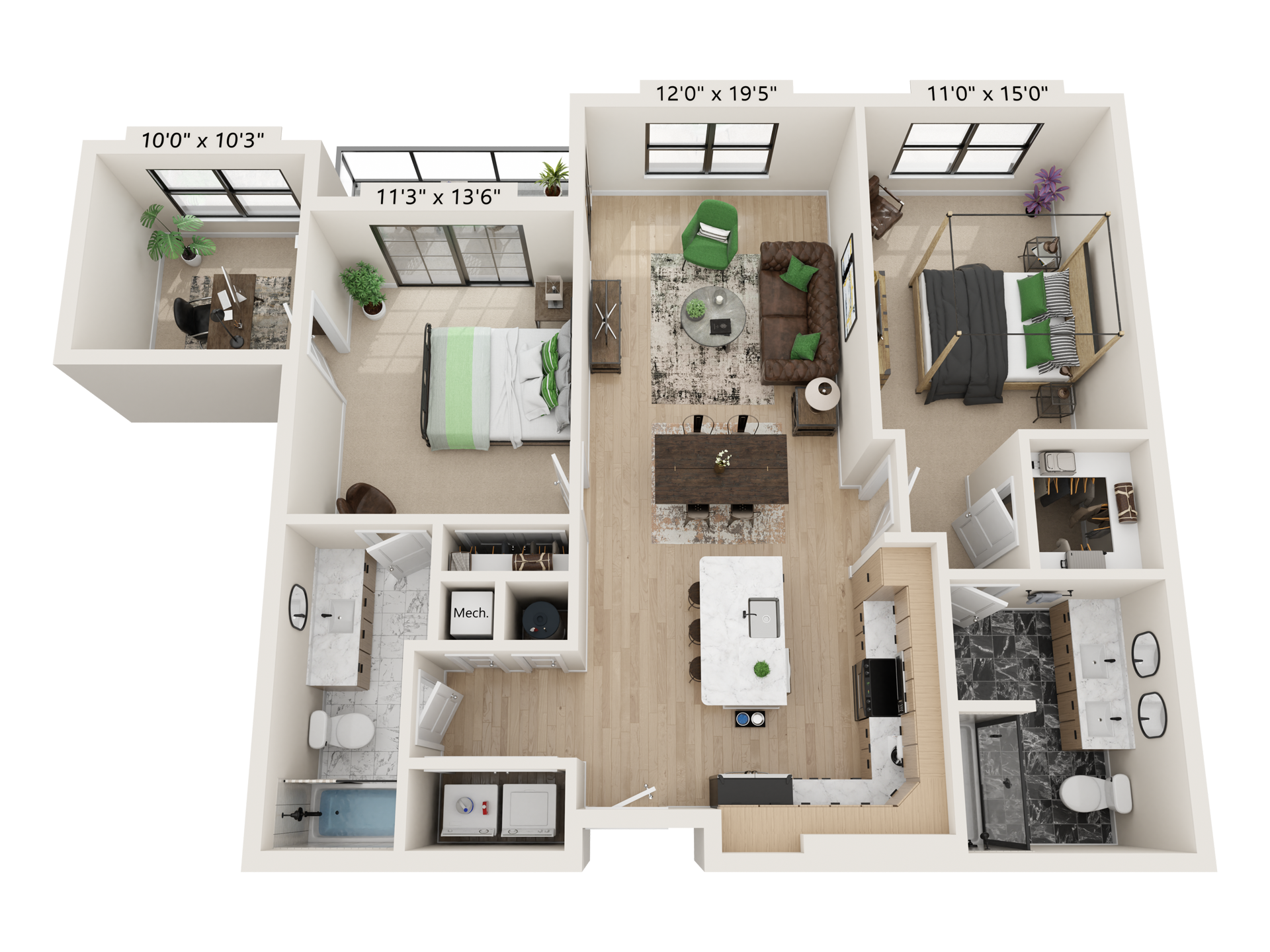 3D apartment floor plan with living room, kitchen, bedrooms, bathrooms, and balconies