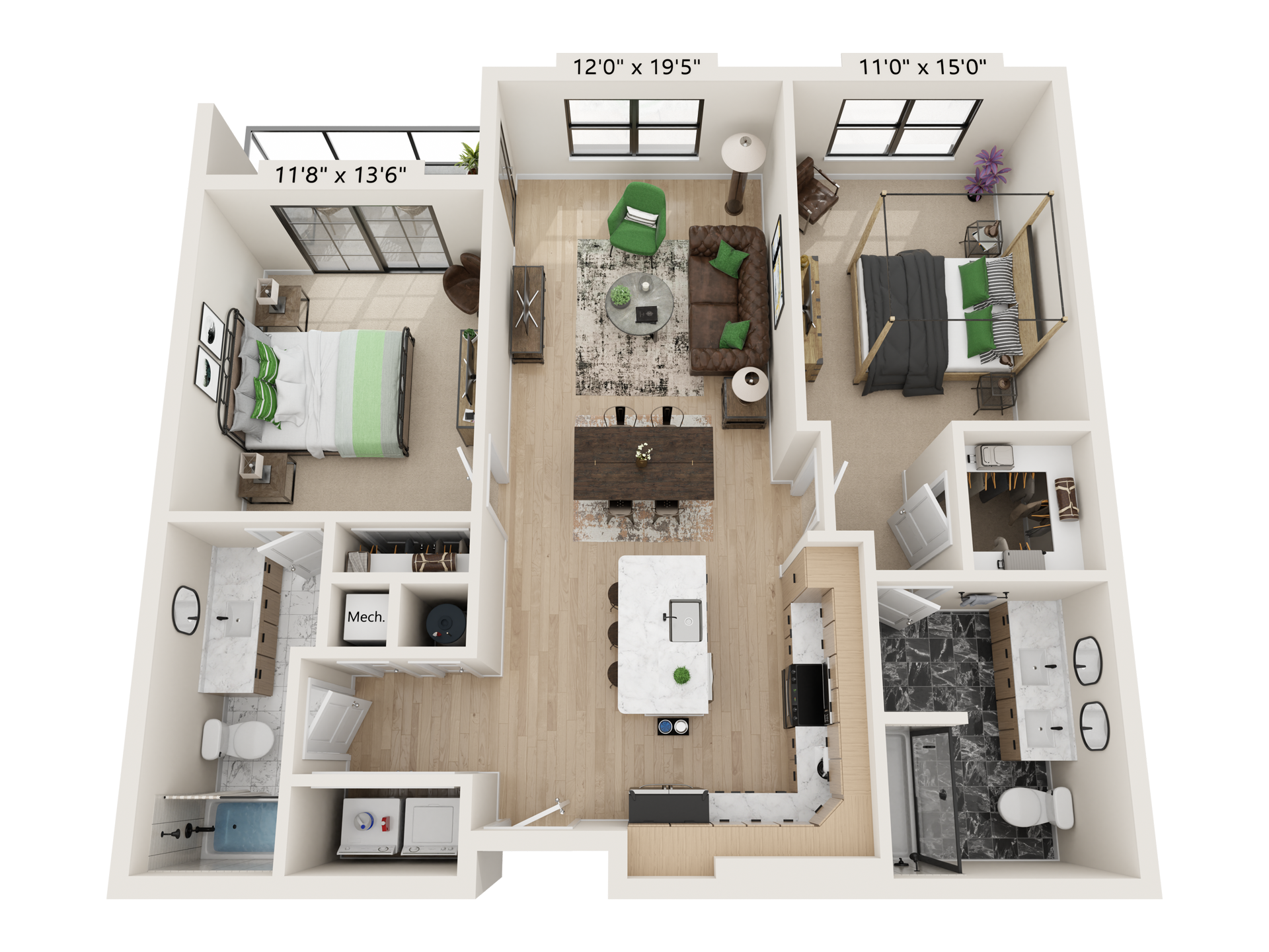 Top-down 3D floor plan of a modern apartment with bedroom, bathroom, kitchen, and living area.