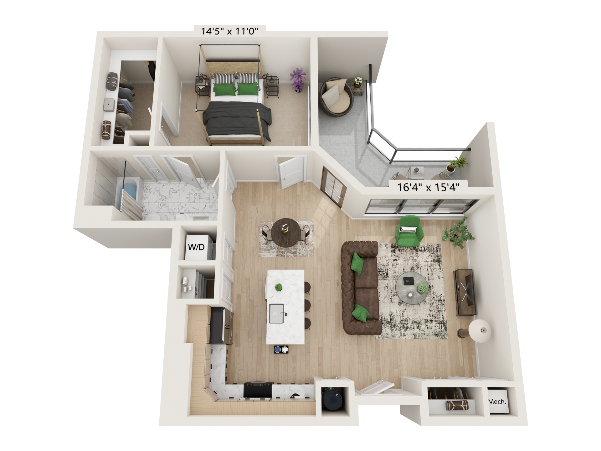 3D floor plan of a small apartment with bedroom, bathroom, kitchen, and dining area