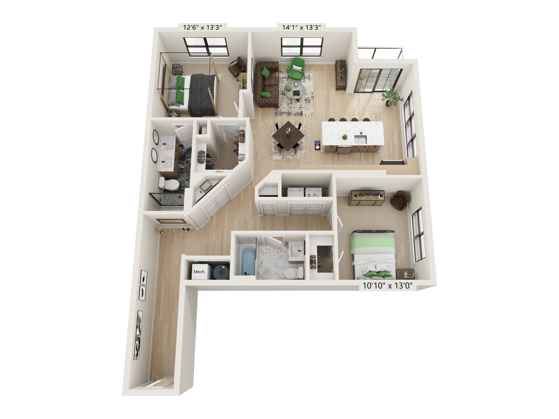 3D floor plan of a modern apartment with living room, kitchen, bedrooms, and bathroom