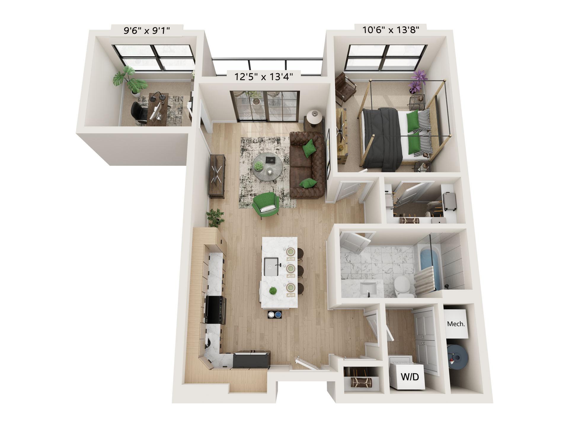 Top-down view of a modern one-bedroom apartment with kitchen, living room, bedroom, and bathroom.