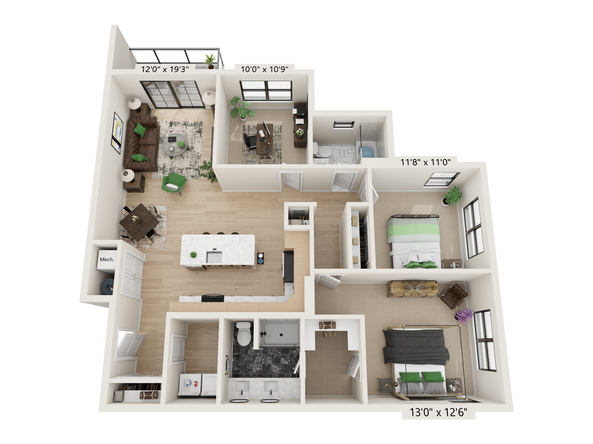 3D floor plan of a modern apartment with open living area, kitchen, bedrooms, and balcony views