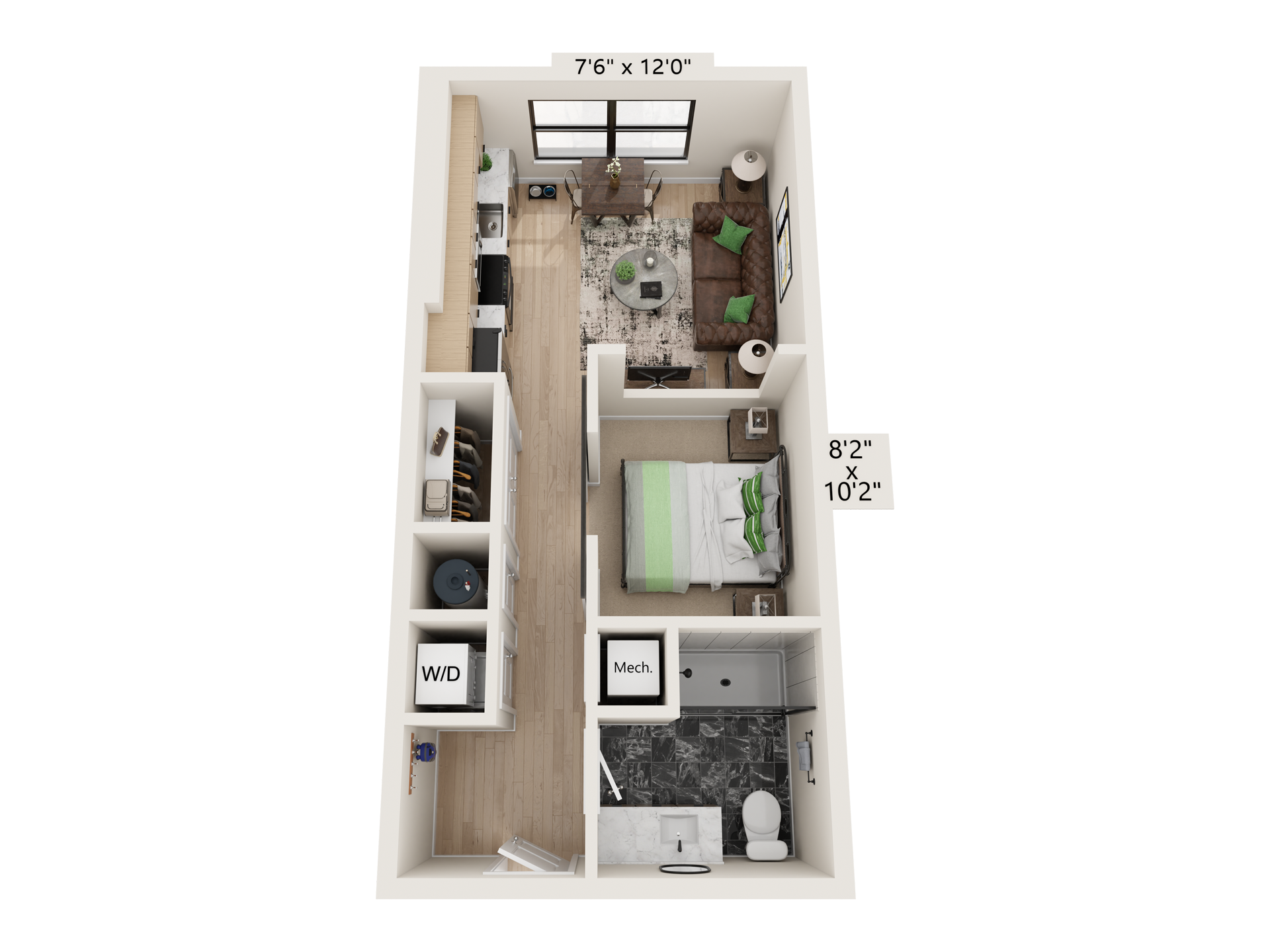 Top-down view of a modern one-bedroom apartment with bedroom, kitchen, dining area, and living room.