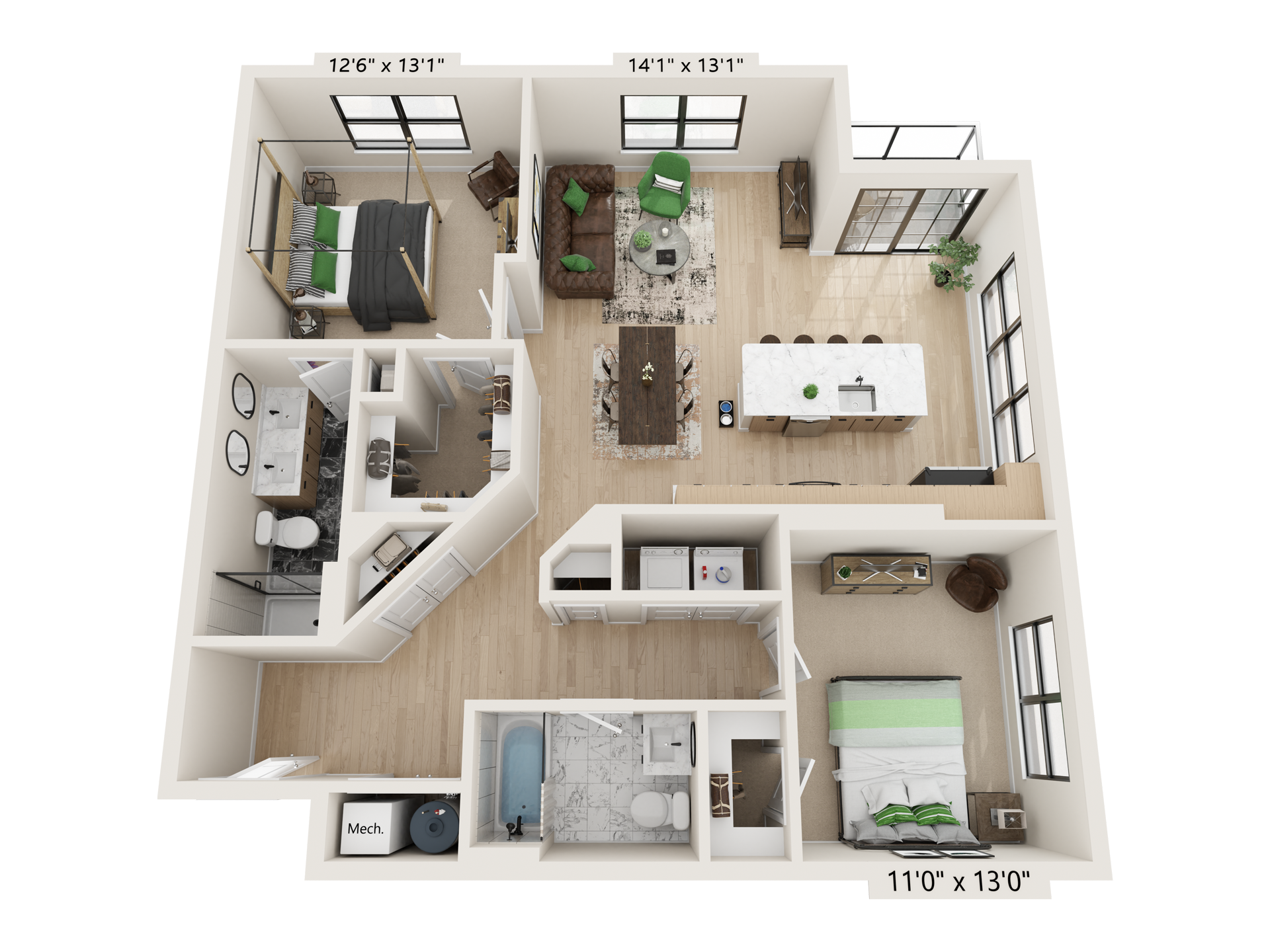 3D floor plan of a modern apartment with open kitchen, living area, bedroom, bath, and balcony views