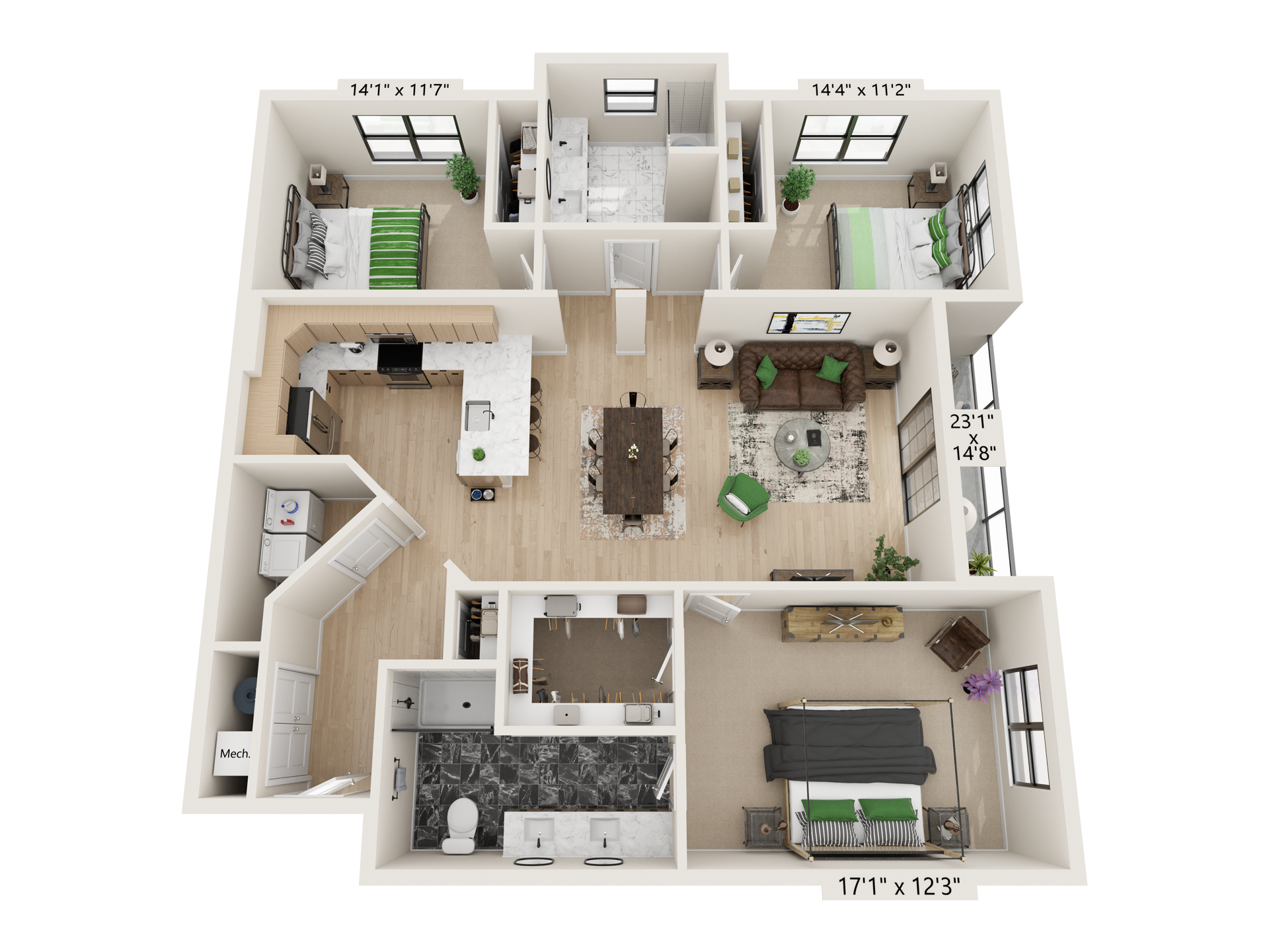 3D floor plan of a furnished apartment with kitchen, living room, bedrooms, and bathrooms