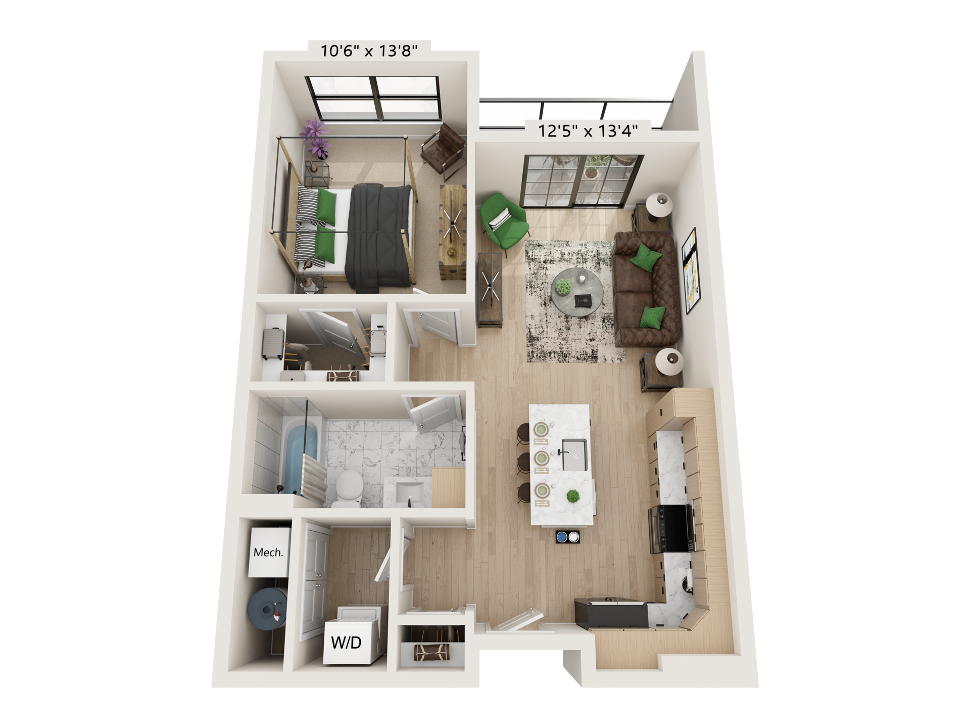 3D floor plan of a modern apartment with living, dining, kitchen, bathroom, and bedrooms
