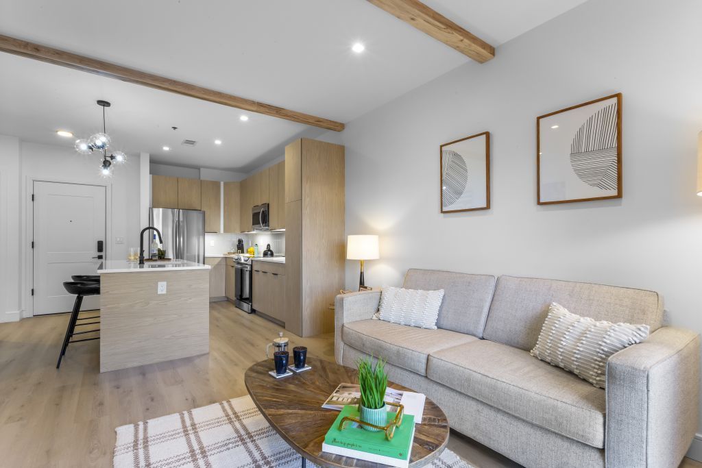 Bright modern living room with sofa, coffee table, kitchen island, and wood floors