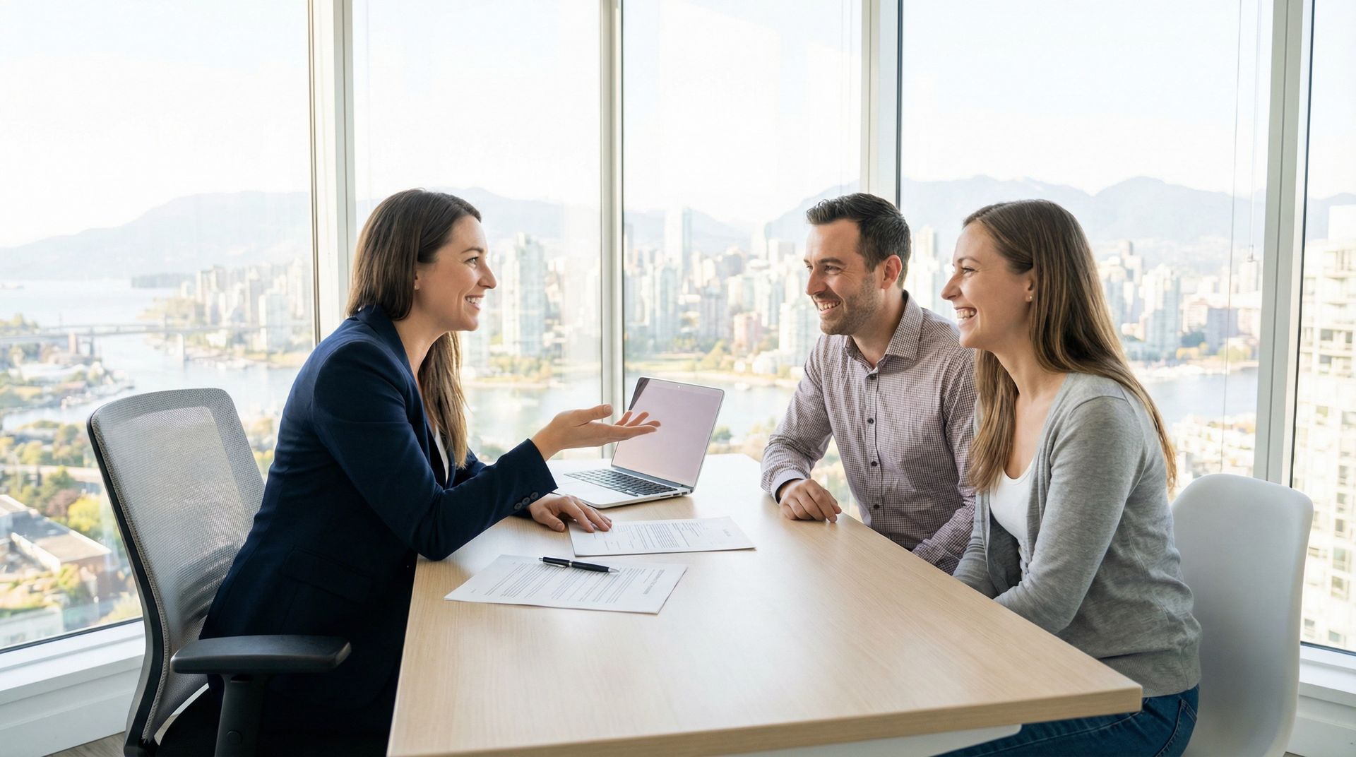 Three people in a bright office meeting, discussing documents across a table with a city view behind them.