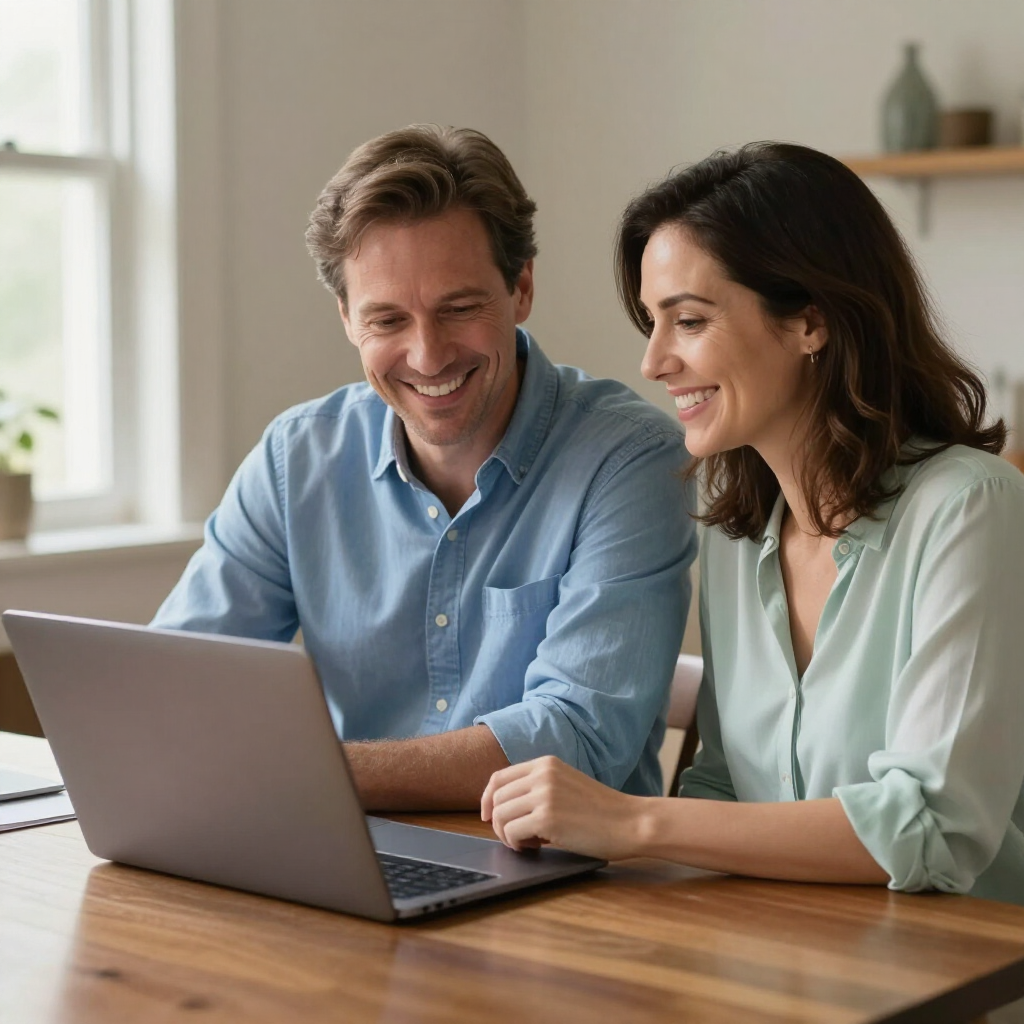 Two people smiling and looking at a laptop at a wooden table in a bright room