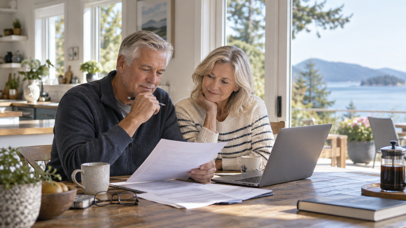 Two people reviewing papers at a laptop by a sunlit window with a lake view