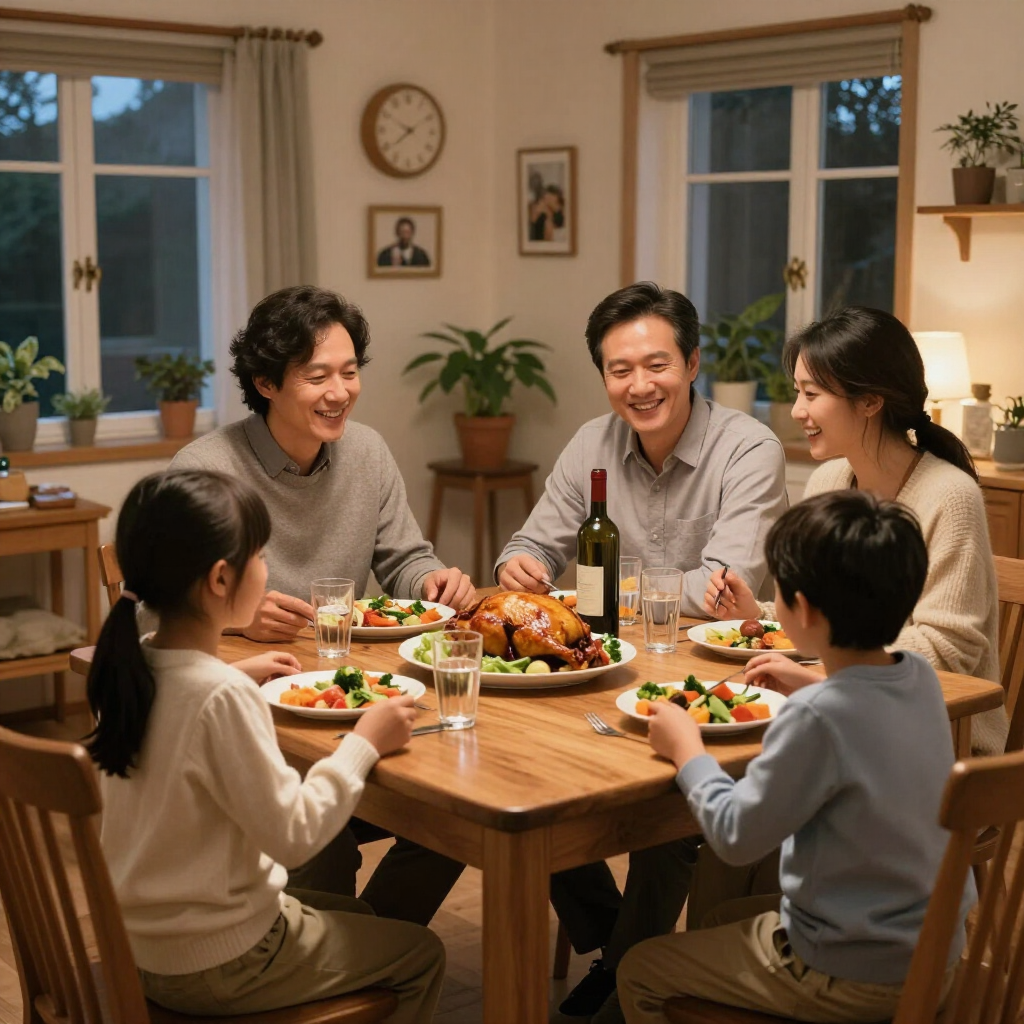 Family gathered around a dinner table, sharing a meal in a cozy, warmly lit dining room