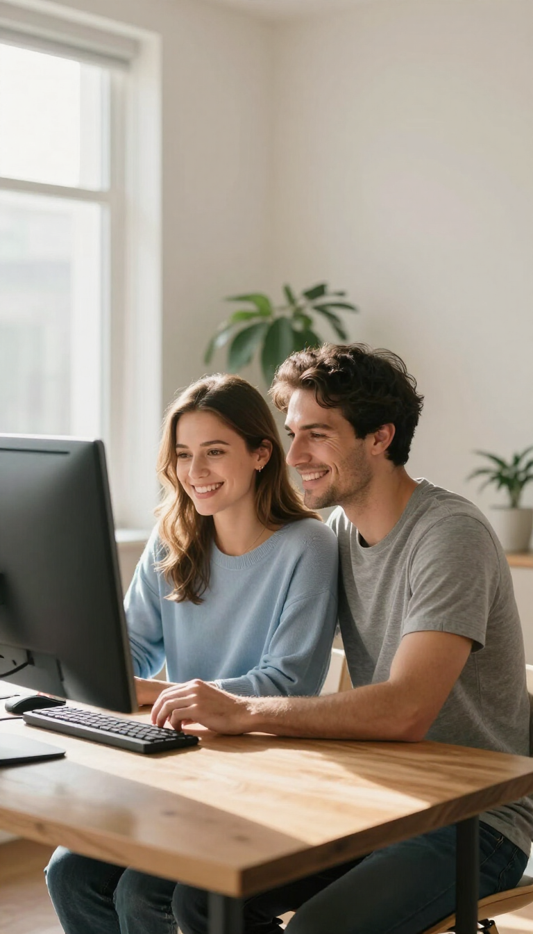 Two people smiling at a desktop computer in a bright home office