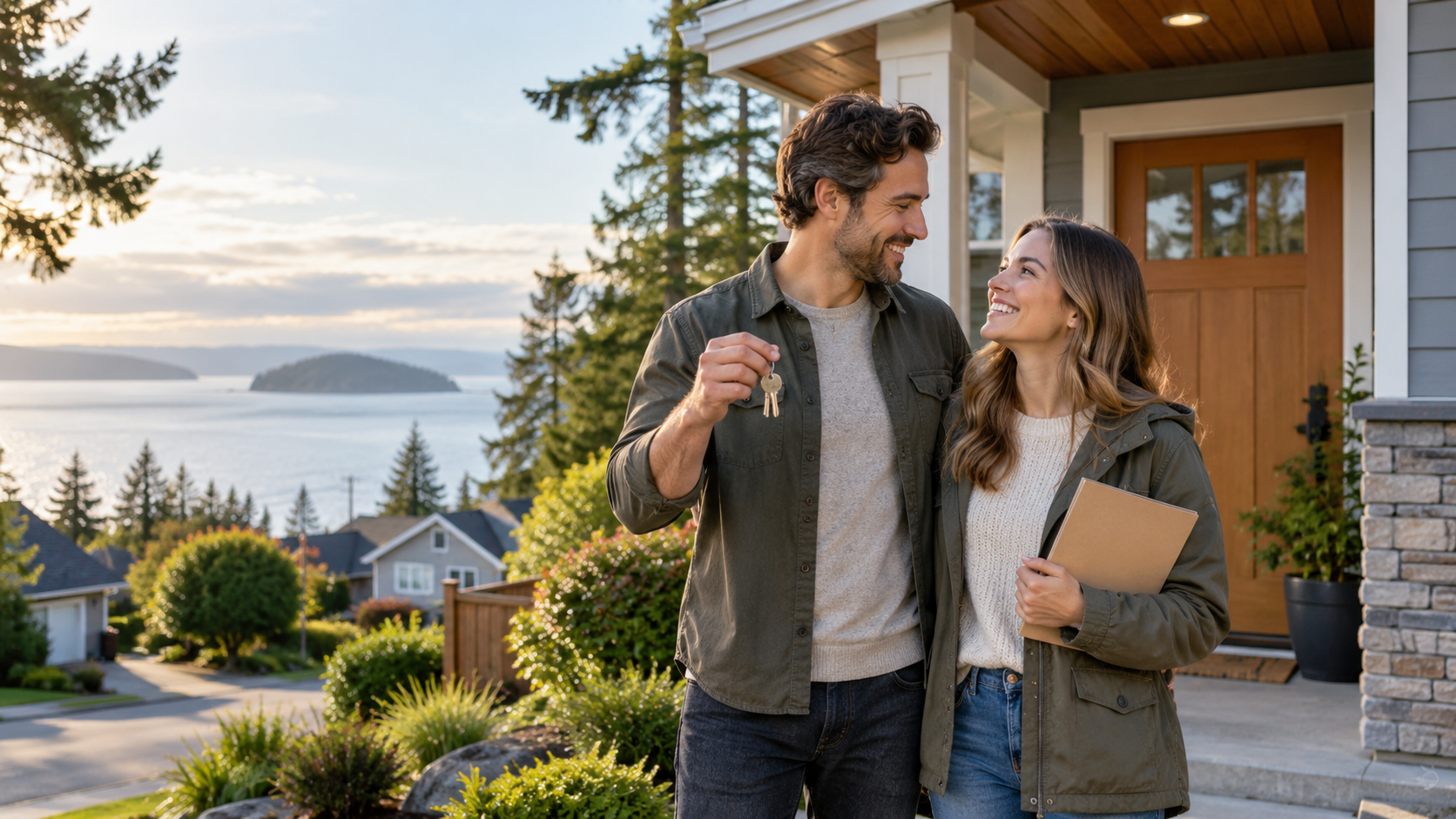 Couple smiling on a house porch, holding hands and looking at each other with a scenic coastal view behind them
