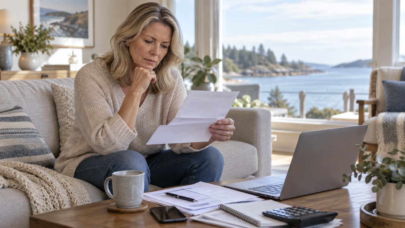 Woman reading a letter on a sofa with a laptop and papers beside her, overlooking a bright waterfront view
