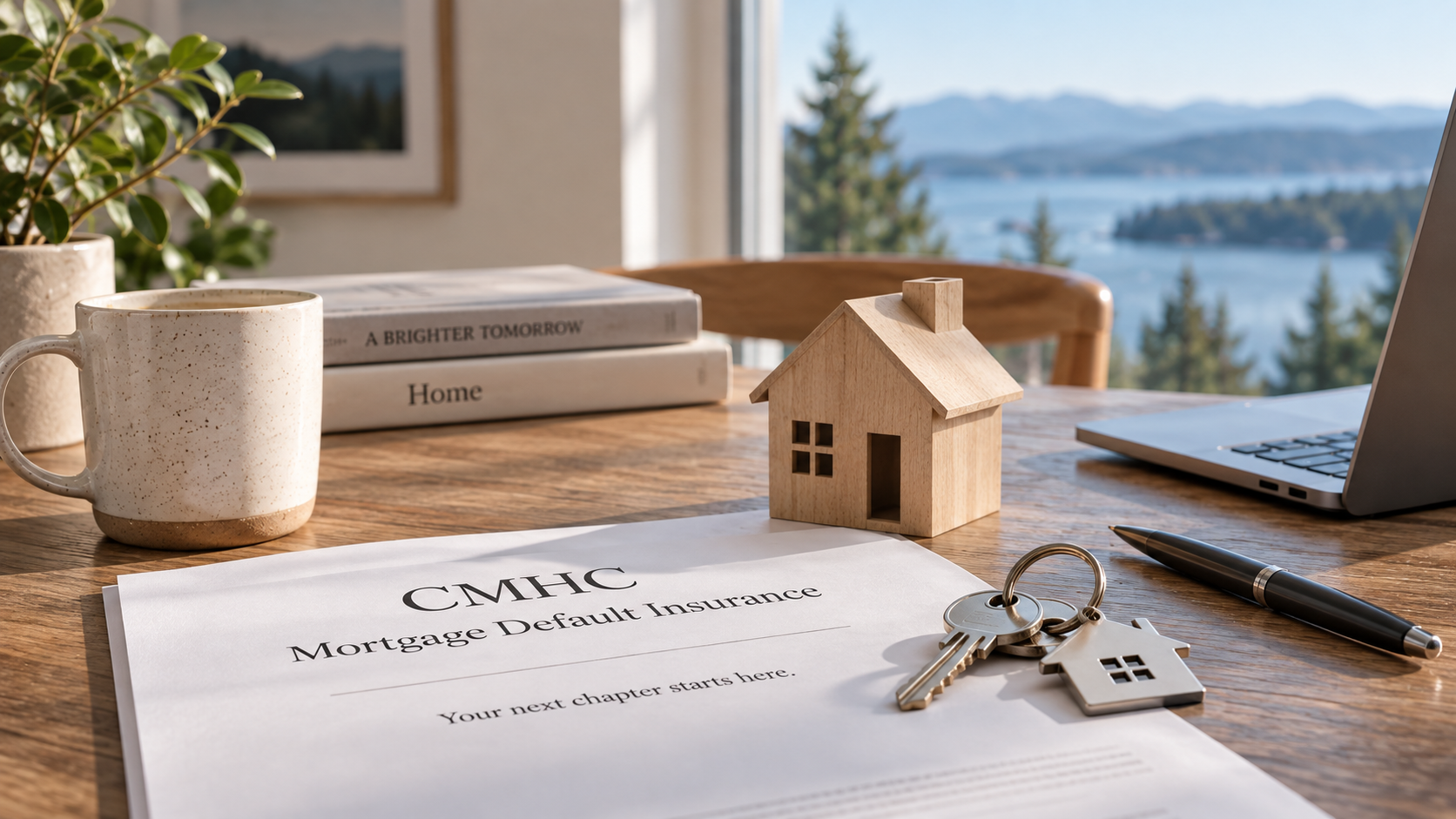 Desk by window with papers, keys, plant, wooden house model, and lake view beyond laptop