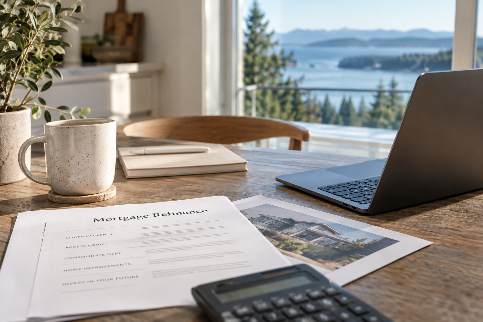 Home office desk with laptop, papers, calculator, and coffee mug, overlooking a scenic lake view