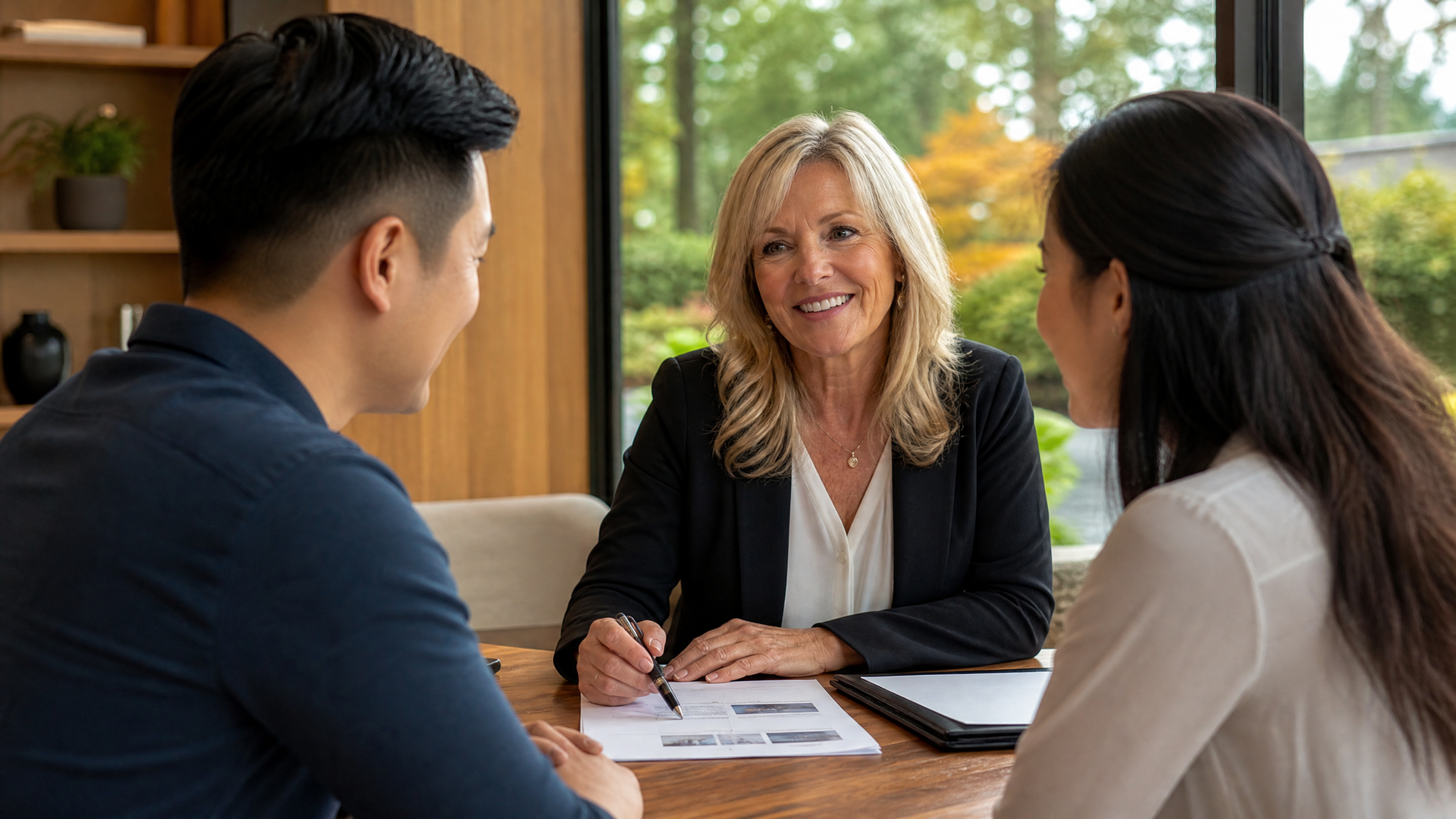 Three people meet at a table in a bright office, with a woman smiling and holding papers.