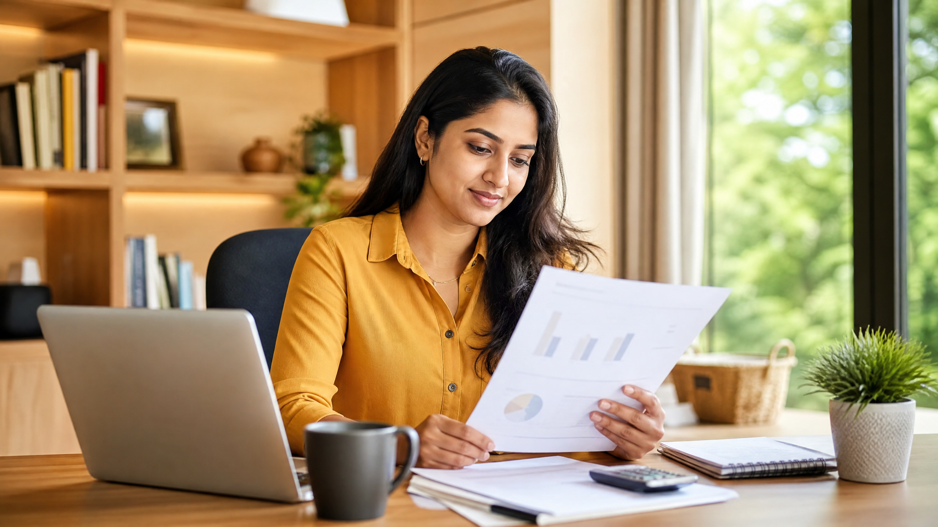 Person reviewing charts at a desk with a laptop in a bright home office