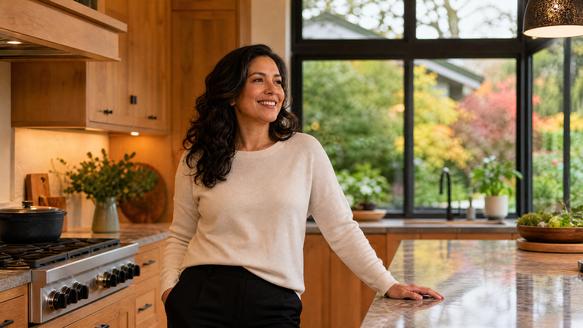 Woman standing in a sunlit kitchen beside a marble island, smiling near a window with trees outside