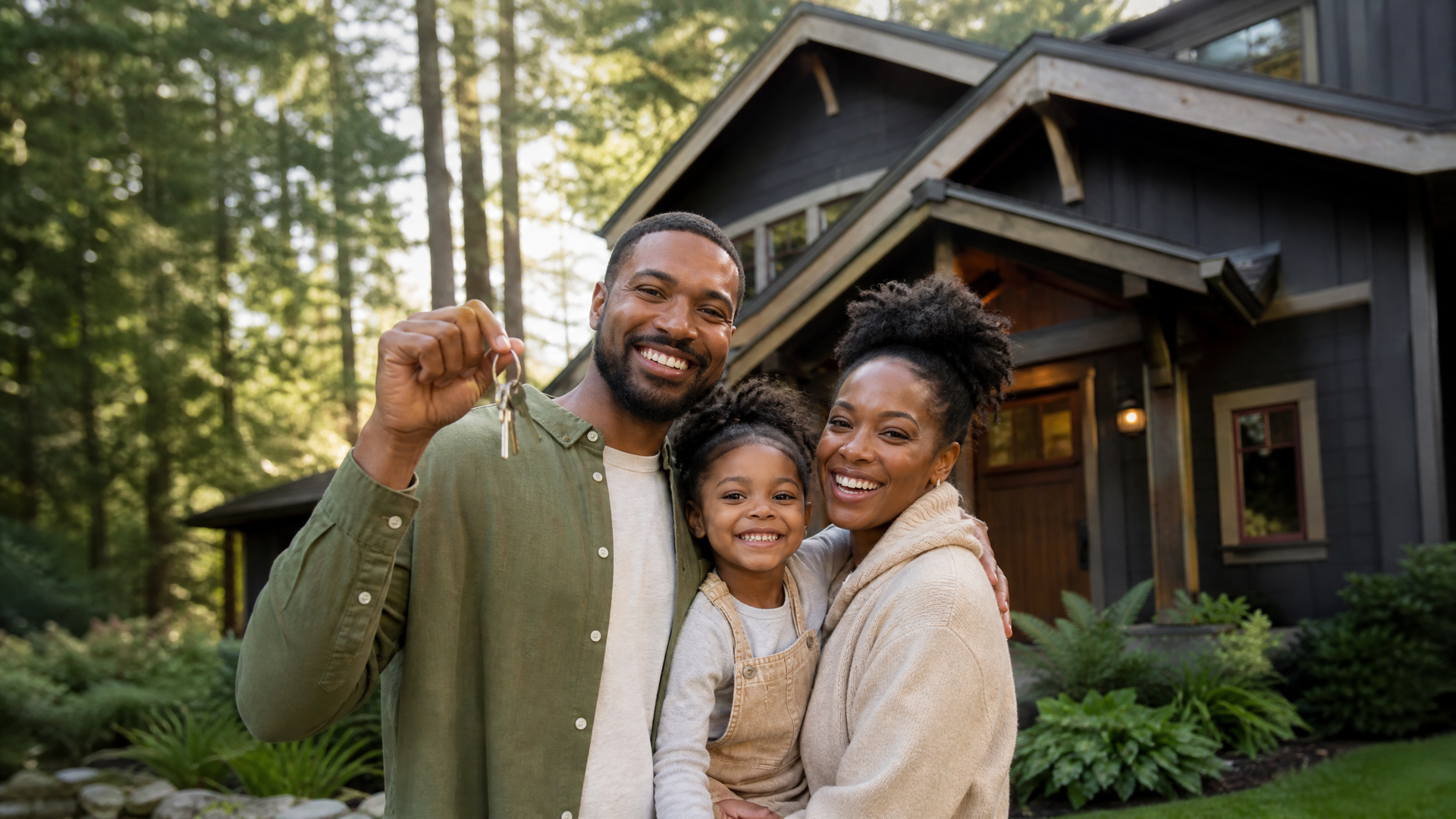 Family smiling outside a dark wood cabin, with one adult holding up a key in front of the porch